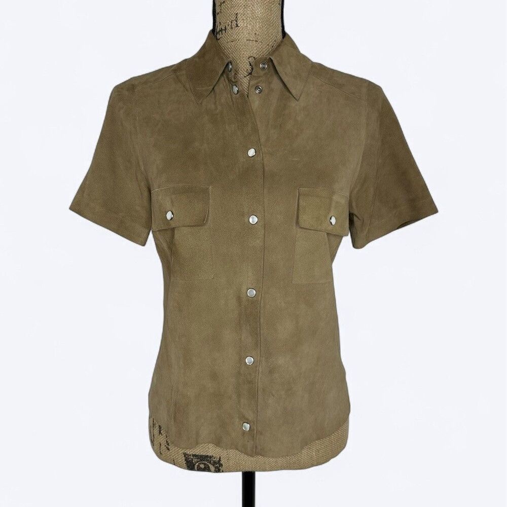 Michael Kors Brown Suede Top Sz S? Pearl Snap Short Sleeve Italy Quiet‎ Luxury